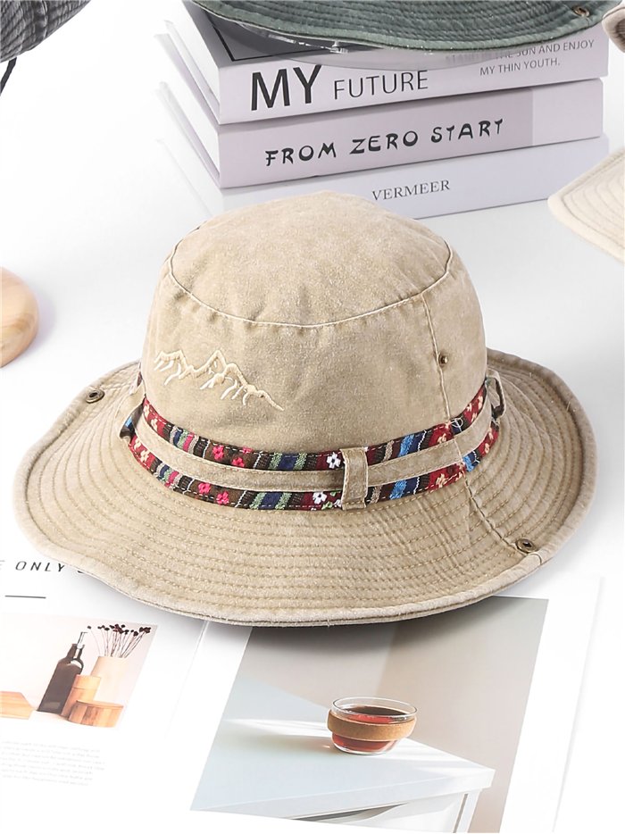 Chapéu safari com bordado de montanha e fita estampada