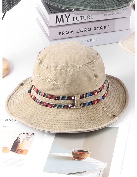 Chapéu safari com bordado de montanha e fita estampada