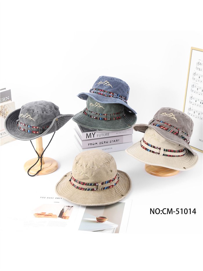 Chapéu safari com bordado de montanha e fita estampada