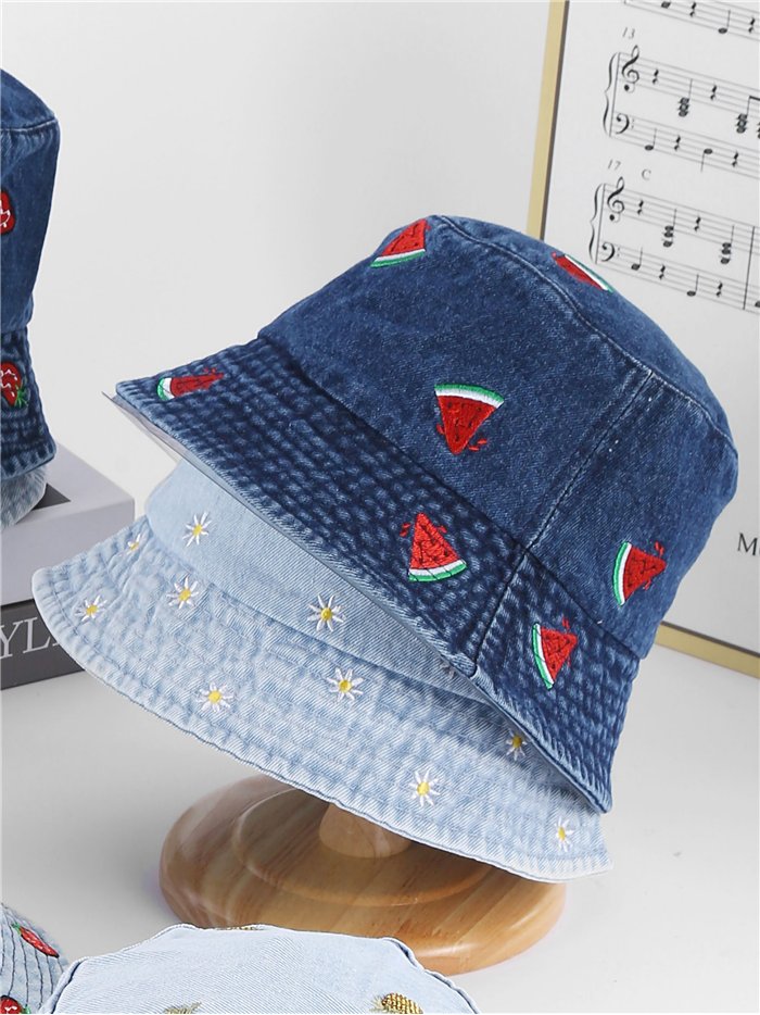 Playful embroidered denim bucket hat
