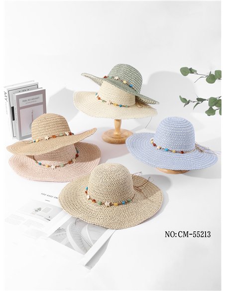 Chapeau en raphia orné de perles marines