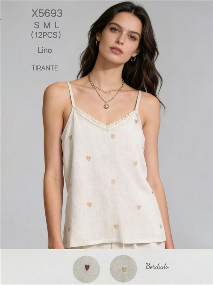 Leinen-Camisole-Top mit gestickten Herzen
