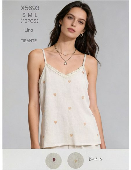 Leinen-Camisole-Top mit gestickten Herzen