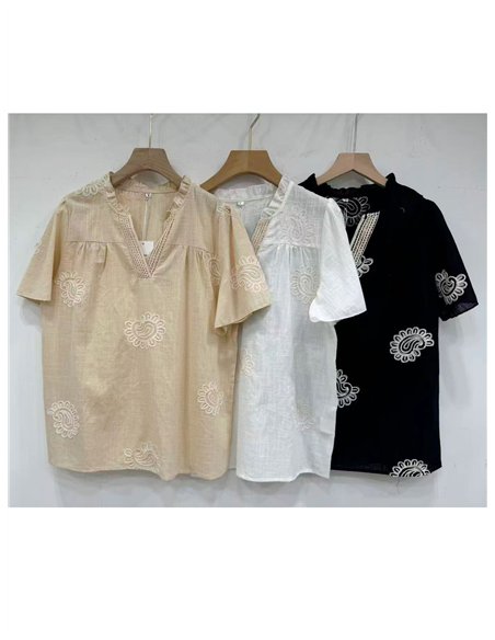 Blusa de lino bordada paisley con manga corta