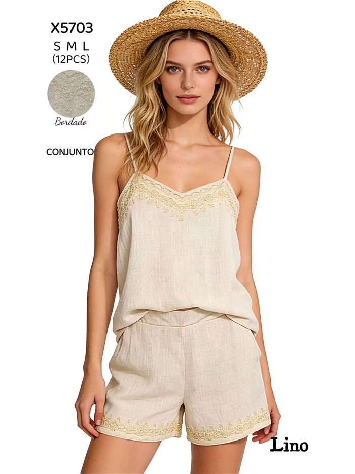 Conjunto de lino top bordado y short