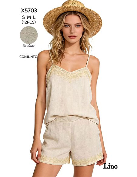 Conjunto de lino top bordado y short