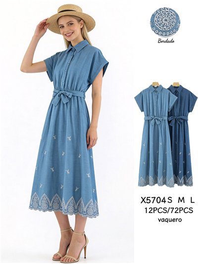 Vestido camisero símil denim bordado con cinturón 2