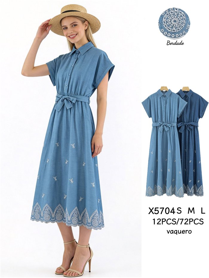 Vestido camisero símil denim bordado con cinturón