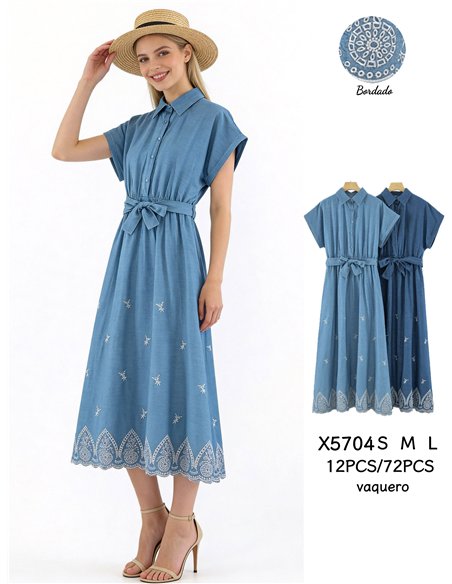 Vestido camisero símil denim bordado con cinturón