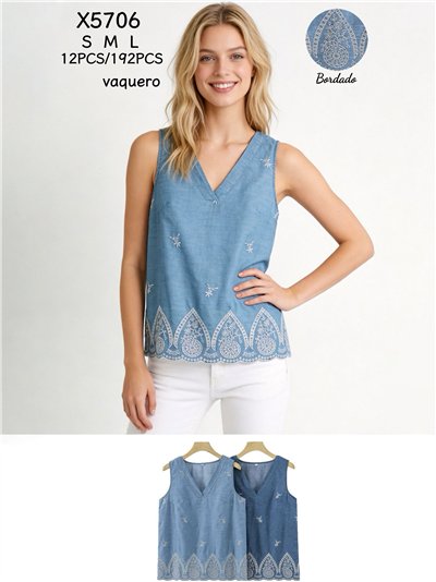 Blusa símil denim bordada sin mangas 2
