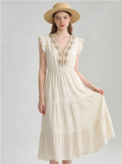 Vestido de lino con escote bordado