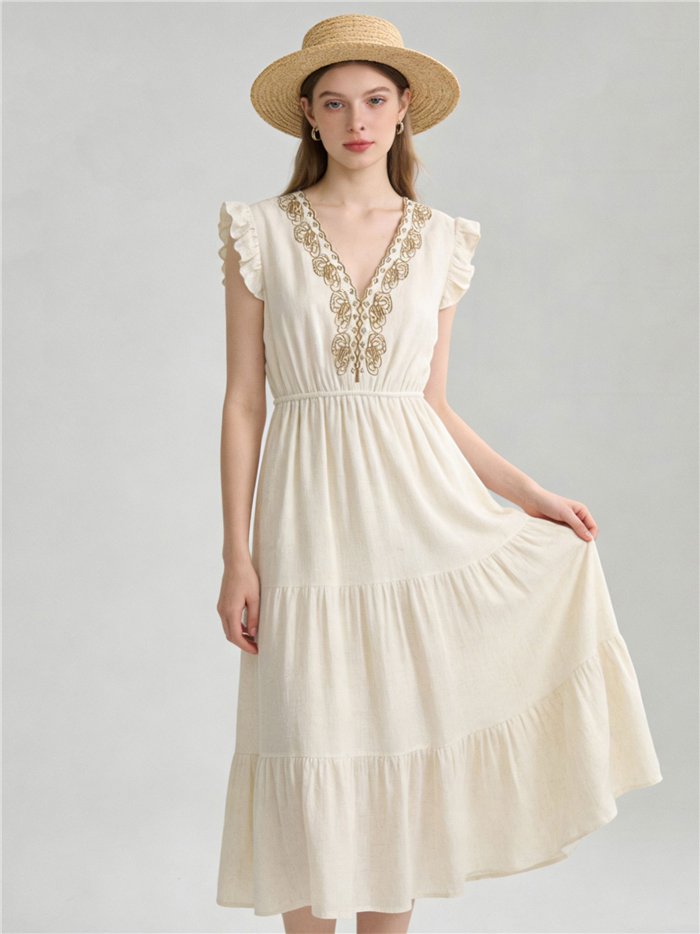 Vestido de lino con escote bordado