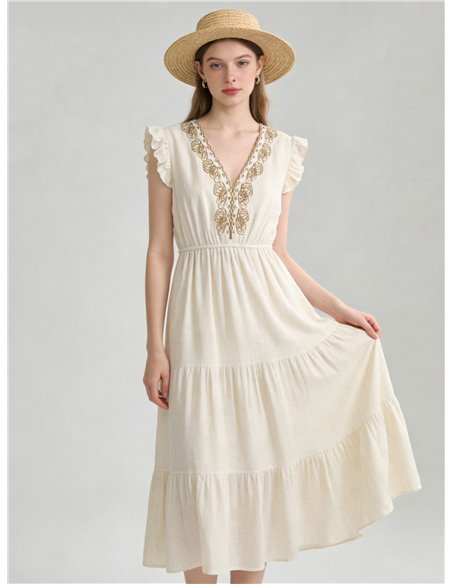 Vestido de lino con escote bordado