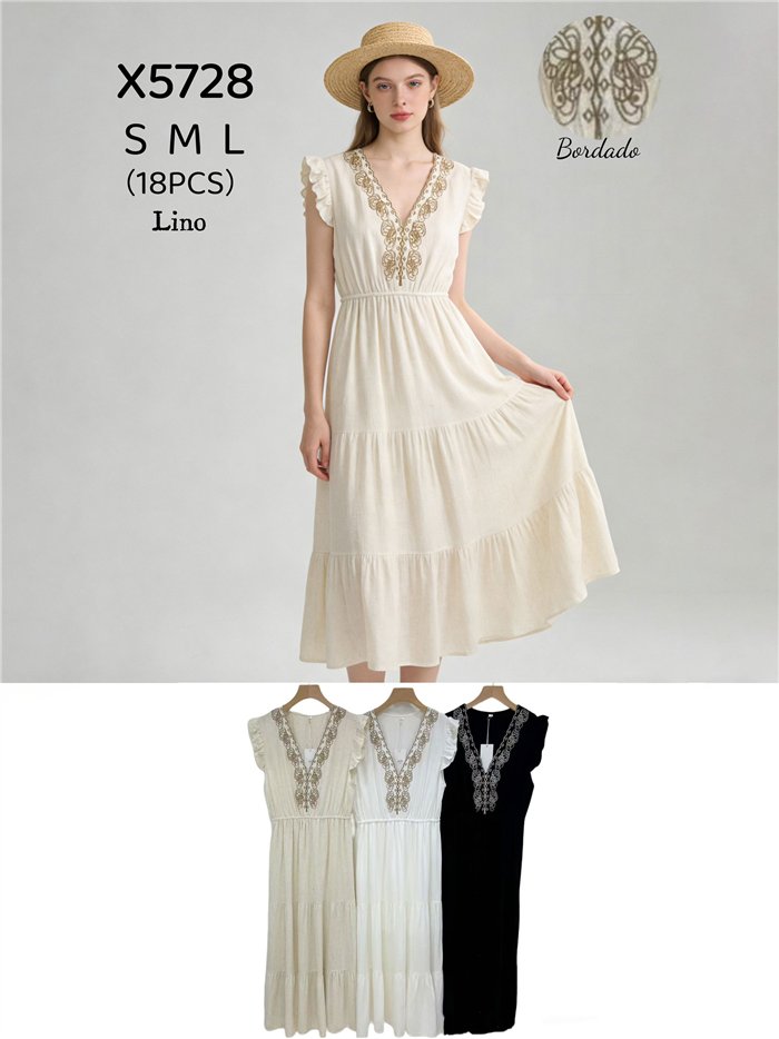 Vestido de lino con escote bordado