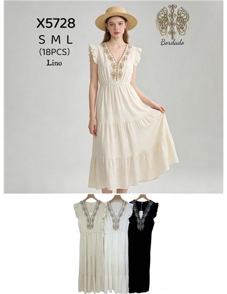 Vestido de lino con escote bordado