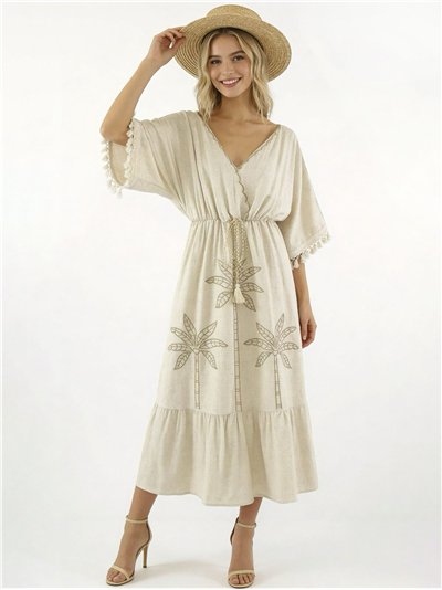 Vestido caftán de lino con palmeras bordadas