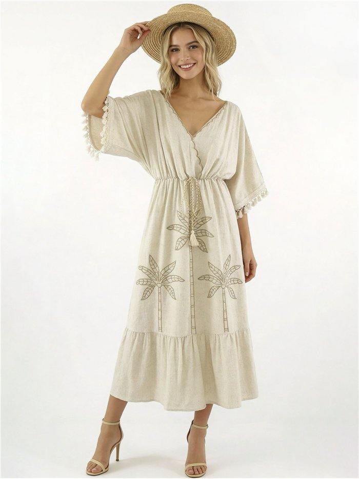 Vestido caftán de lino con palmeras bordadas