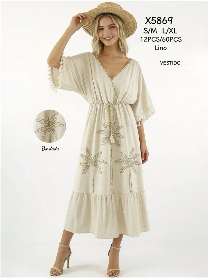 Vestido caftán de lino con palmeras bordadas