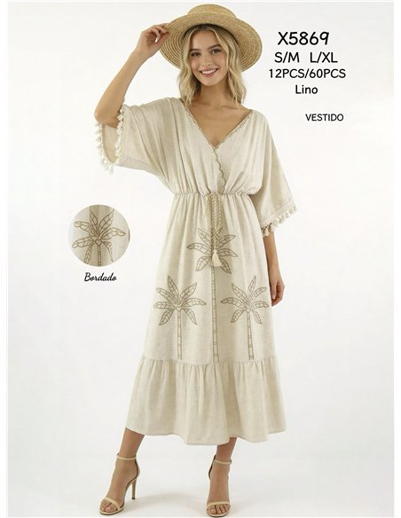 Vestido caftán de lino con palmeras bordadas