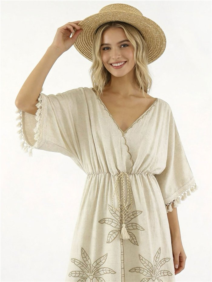 Vestido caftán de lino con palmeras bordadas