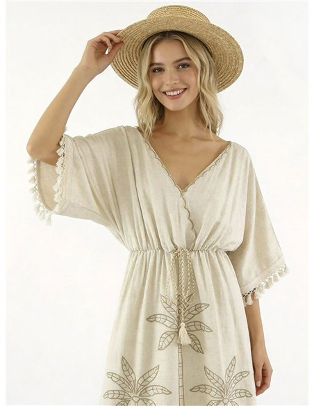 Vestido caftán de lino con palmeras bordadas
