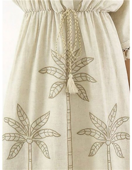 Vestido caftán de lino con palmeras bordadas