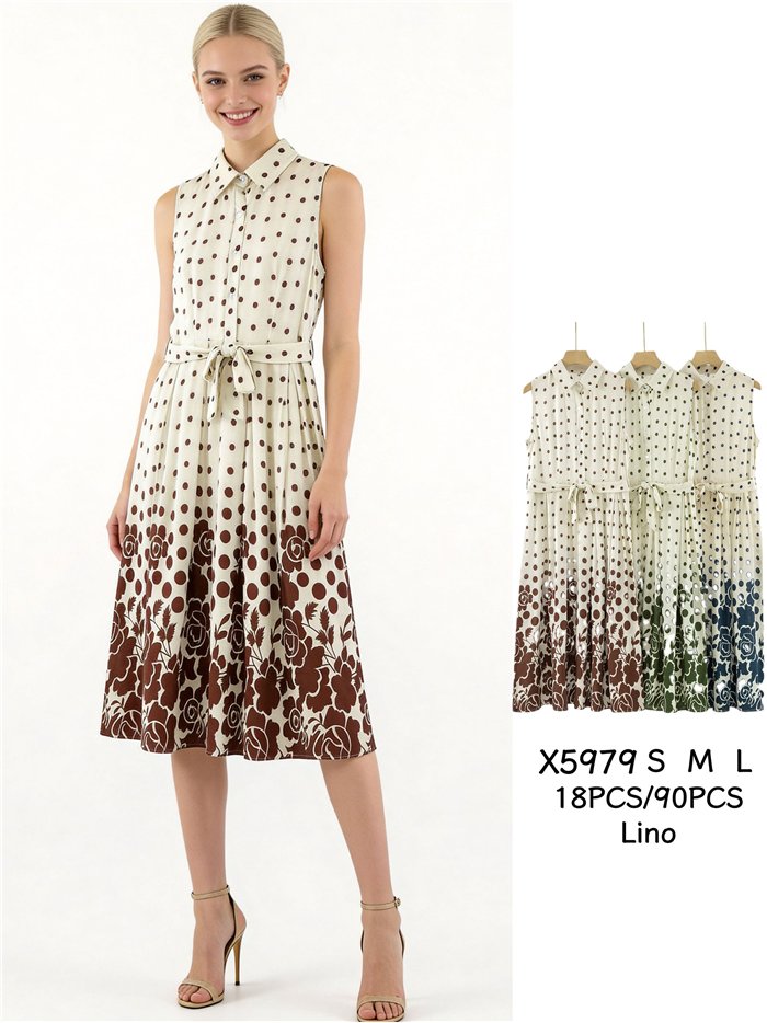 Vestido camisero lino con lunares y flores