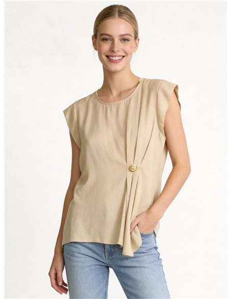 Blusa de lino talla grande con drapeado lateral