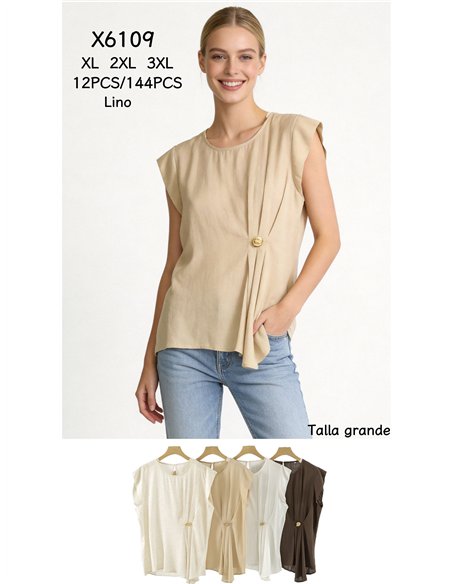 Blusa de lino talla grande con drapeado lateral