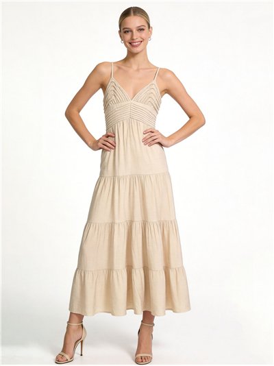 Vestido largo de lino detalle trenzado con tirantes finos