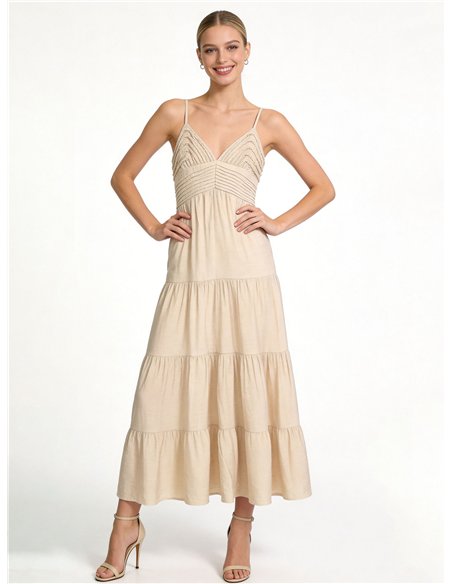 Vestido largo de lino detalle trenzado con tirantes finos