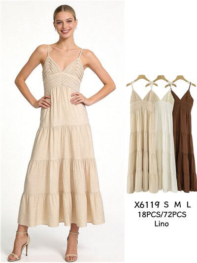 Vestido largo de lino detalle trenzado con tirantes finos 2