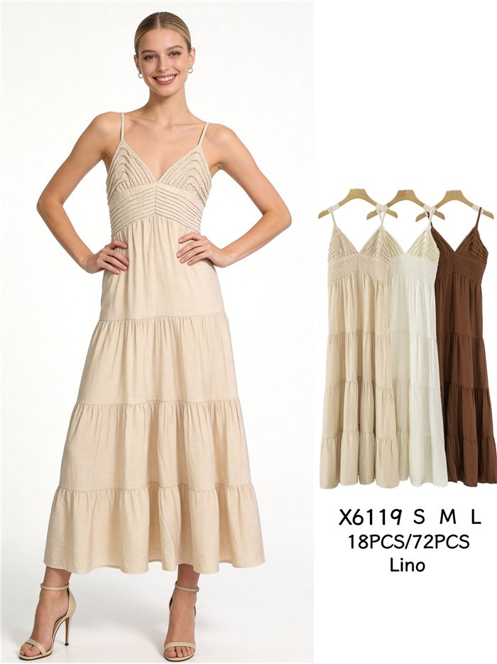 Vestido largo de lino detalle trenzado con tirantes finos