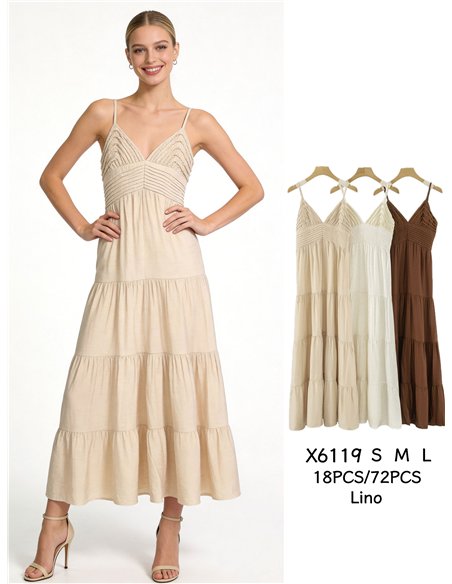 Vestido largo de lino detalle trenzado con tirantes finos