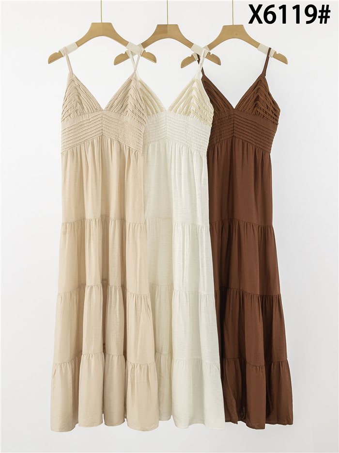 Vestido largo de lino detalle trenzado con tirantes finos