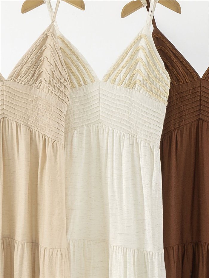 Vestido largo de lino detalle trenzado con tirantes finos
