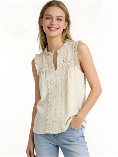 Blusa de lino con encaje sin mangas