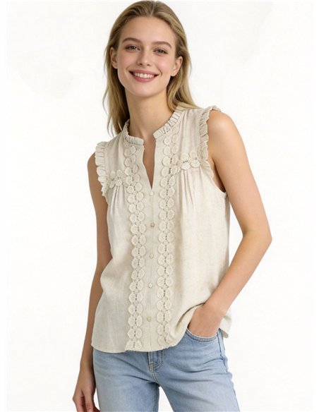 Blusa de lino con encaje sin mangas