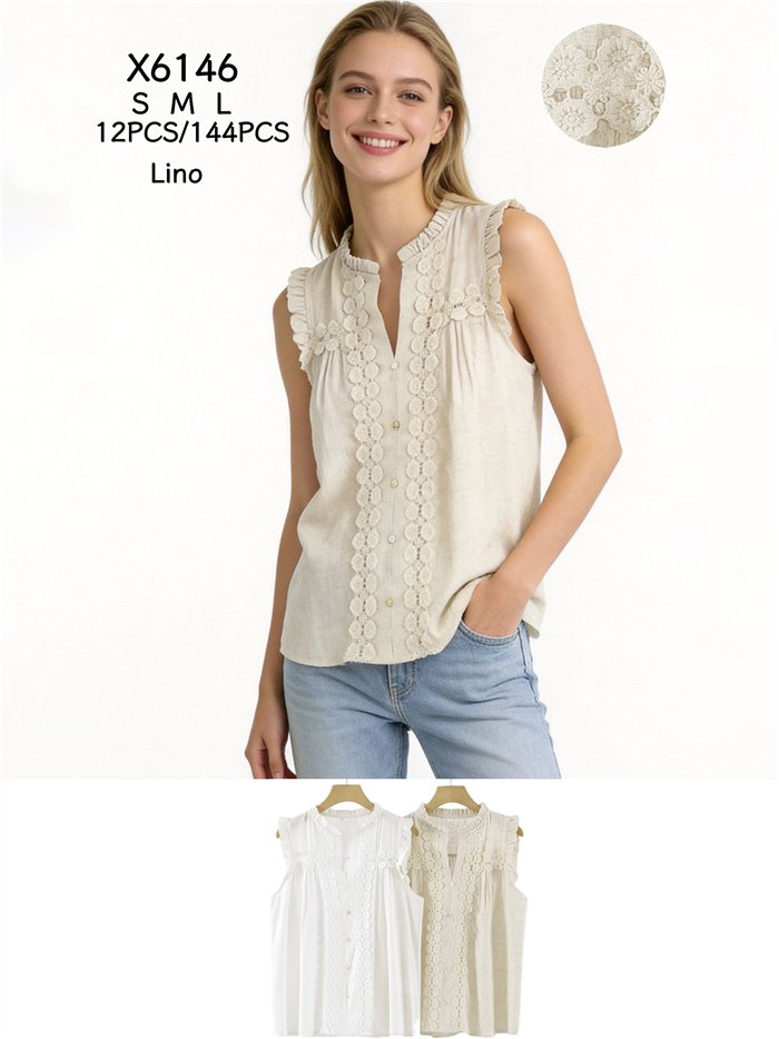 Blusa de lino con encaje sin mangas