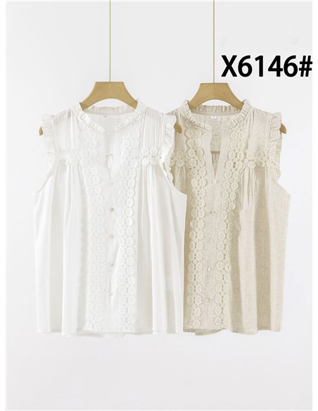 Blusa de lino con encaje sin mangas