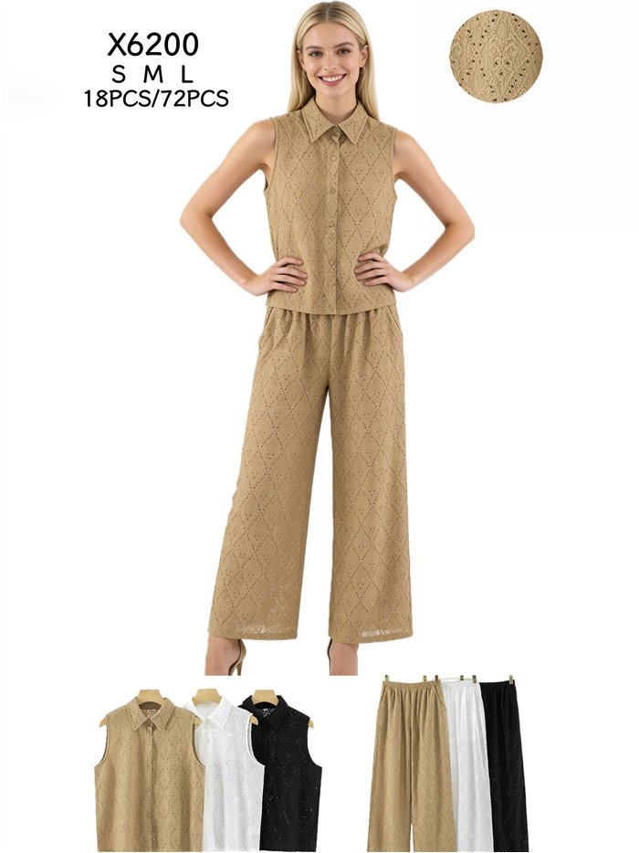 Conjunto vazado: camisa sem mangas e calça