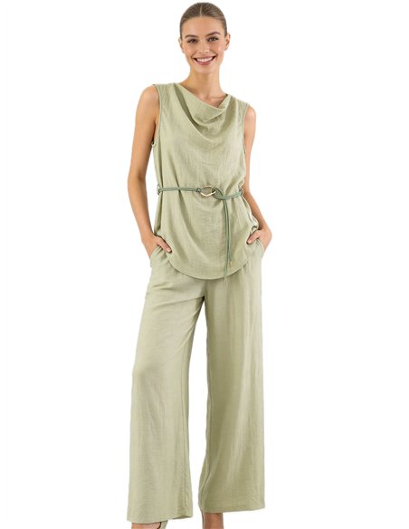 Conjunto de lino top drapeado con cinturón y pantalón ancho