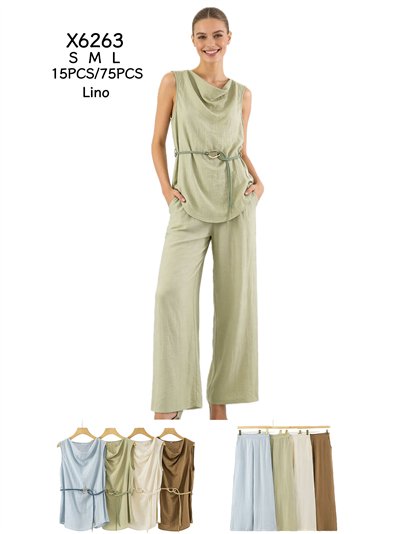 Conjunto de lino top drapeado con cinturón y pantalón ancho 2