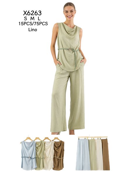 Conjunto de lino top drapeado con cinturón y pantalón ancho