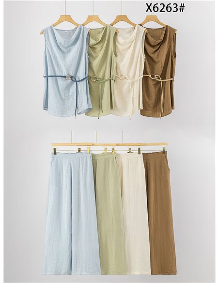 Conjunto de lino top drapeado con cinturón y pantalón ancho