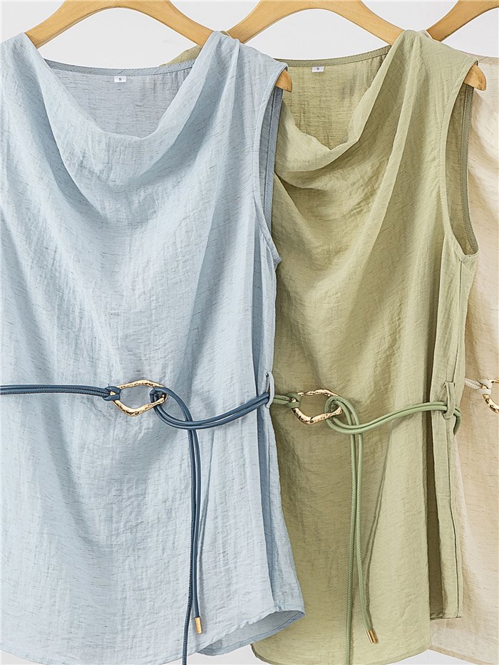 Conjunto de lino top drapeado con cinturón y pantalón ancho