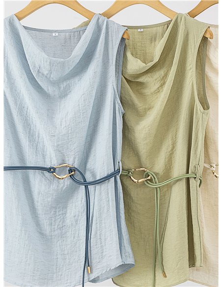 Conjunto de lino top drapeado con cinturón y pantalón ancho