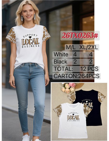 Camiseta texto mangas encaje