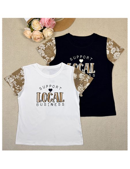 Camiseta texto mangas encaje