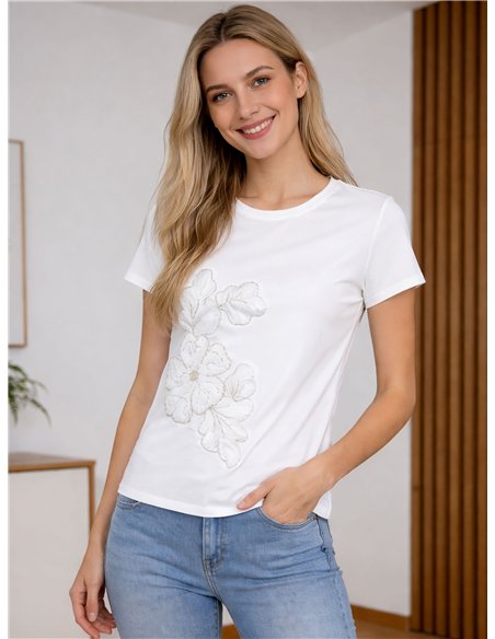 T-shirt con fiori ricamati sul lato